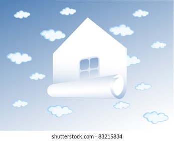 The Vector drawing of house. The Background blue sky. Some clouds in it. The house stylized as Roll of paper.