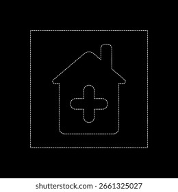 Dibujo de Vector de una casa con una cruz en círculo, línea de puntos color blanco, estilo plano