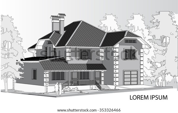 Vector drawing of a house in the future. The house\
with a slate roof. Drawing of a house. Architecture. Exterior.\
House. black and white vector illustration of a house.\
Advertise\
property. Banner