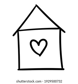 vector drawing of a house with a heart. print, sticker, logo, icon, sketch, doodle. isolated on a white background. children's drawing. romantic print for valentine's day