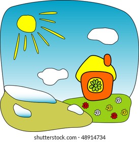 vector drawing, house on the meadow with flowers and thawed patch