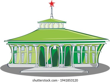 vector drawing of houses green station building with spire and red star