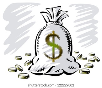 Vector drawing of a huge bag with money and the scattered gold coins.