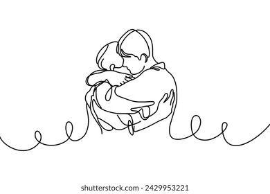 Vector drawing of a hugging couple, solid line, on a white background.