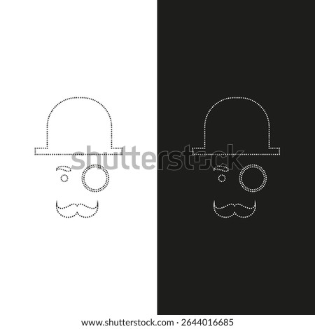 Vector drawing human face with hat and monocle, dotted line, color black and white, flat style