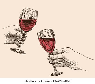 Vector drawing of human hands with wine glasses