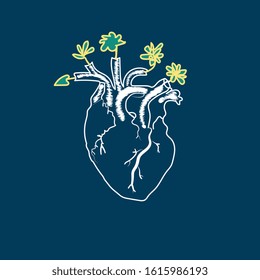 Vektorillustration des menschlichen Herzens
mit Blumen, die Emoji zeichnen
Vektorillustration auf blauem Hintergrund
