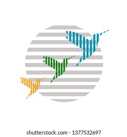 Vector drawing hummingbird in stripes, color yellow green blue flat style 