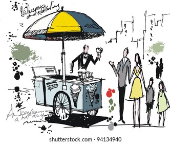 Vector drawing of ice cream cart with people in park