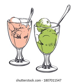 Vector drawing of ice cream in glasses. Ice Cream Sundae. Realistic sketch of Ice Cream in a vase. Vector Illustration.