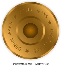 Vector drawing, icon, bronze metal button with inscription jeans, isolated on white