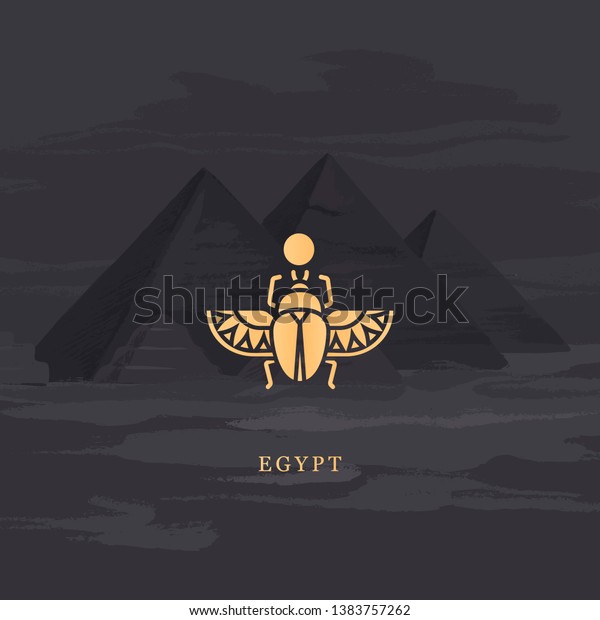 Vector drawing icon of Egyptian
scarab beetle, personifying the god Khepri. Icon isolated on
background illustration of Egyptian pyramids painted by
hand.