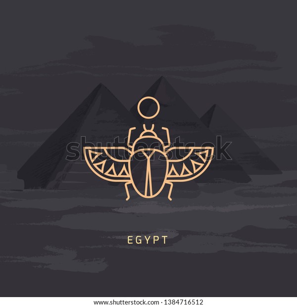 Vector drawing icon of Egyptian\
scarab beetle, personifying the god Khepri. Icon isolated on\
background illustration of Egyptian pyramids painted by\
hand.