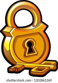 Vector drawing. Icon. Golden lock with key