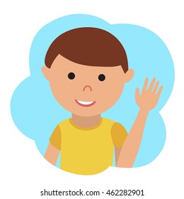 Vector drawing of icon little boy in the cloud, waving his hand. Hello gesture.