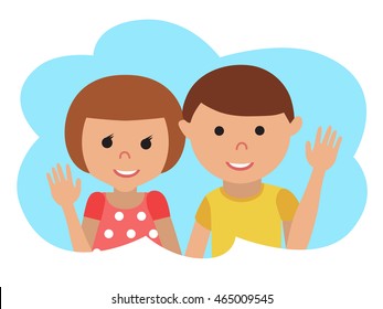 Vector drawing of icon little boy and girl in the cloud, waving his hand. Hello gesture.