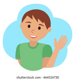 Vector drawing of icon young man in the cloud, waving his hand. Hello gesture.