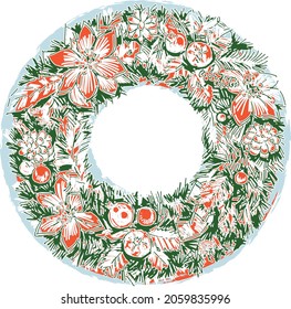 Vector drawing of icy frozen christmas wreath from fir branches with flowers,balls and cones