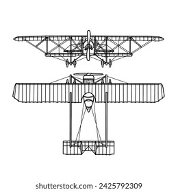 Vektor-Zeichnung Illustration der 1900er Jahre Vintage Flugzeug Linie Kunst, zweiflügelige Retro-Motorflugzeug mit Propeller, Umriss Vektor Doodle Illustration, Front und Top-Ansicht isoliert auf weißem Hintergrund
