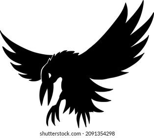 Vector drawing illustration of black silhouette of creepy or spooky Halloween attacking raven on white background.