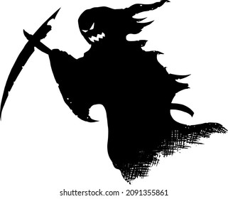 Vector drawing illustration of black silhouette of creepy or spooky Halloween ghost with scythe or death grim reaper on white background.