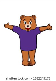 Vector drawing illustration of a cartoon funny happy cheerful smiling brown bear mascot in violet  t shirt with open paws isolated on white background.