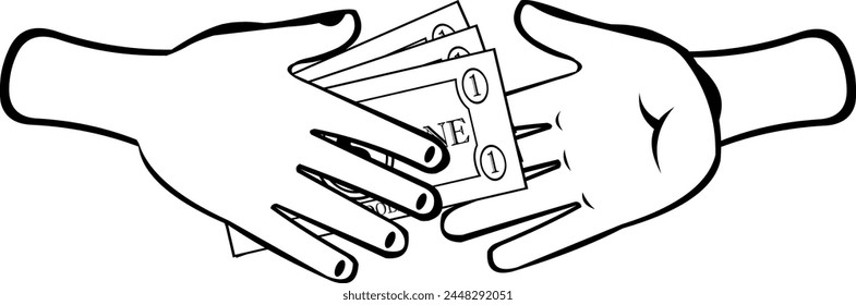 Vector dibujo ilustración manos de dibujos animados pagando dinero billetes en efectivo, dibujado en color blanco y negro
