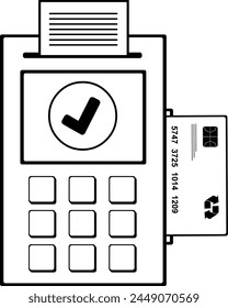 vector drawing illustration credit or debit card paying in pos terminal machine, drawn in black and white color