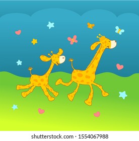 Vector drawing illustration of cute running cartoon baby giraffe and mom on colorful background.