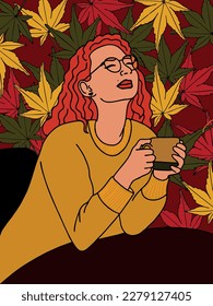 vector drawing illustration. The girl is resting against the backdrop of autumn maple lusts.