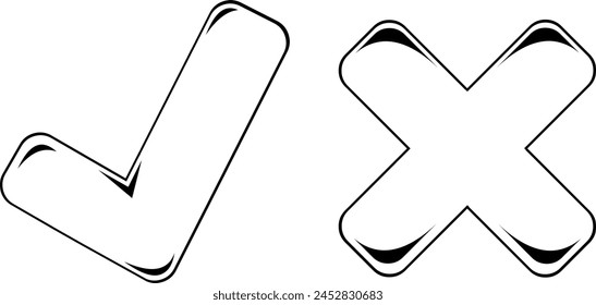 Vector ilustración de dibujo verde lista de verificación y signo cruzado de color rojo, dibujado en color blanco y negro