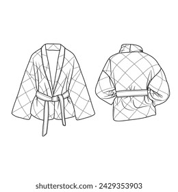 Vector drawing Illustration Hand drawn ink sketch of Double-Breasted Denim Jacket line art, suitable for your women jacket design, outline vector doodle illustration, front and back view 