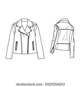 Dibujo vectorial Ilustración Dibujado a mano boceto de tinta de cuero Biker Chaqueta arte de línea, adecuado para su diseño de la chaqueta de las mujeres, contorno vector doodle ilustración, vista frontal y posterior aislado en blanco