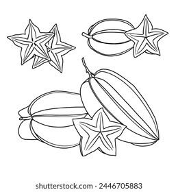 Dibujo de Vector Ilustración Dibujado a mano boceto de tinta de Star Fruit, medio pelado, arte de línea entera y en rodajas aislado sobre fondo blanco.  Para niños para colorear book.contorno Vector doodle ilustración