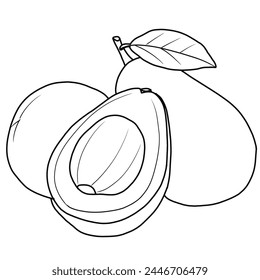 Dibujo de Vector Ilustración Dibujado a mano boceto de tinta de frutas de aguacate, mitad pelado, arte de línea entera y en rodajas aislado sobre fondo blanco.  Para niños para colorear book.contorno Vector doodle ilustración