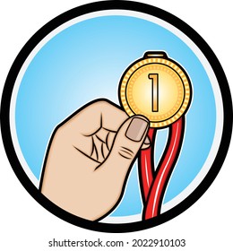 Vektorgrafik einer Hand, die eine Goldmedaille der Meisterschaft hält