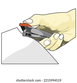 vector drawing illustration of a hand using staples for Staples Receipt Book Document Isolated Background