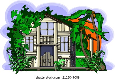 vector drawing, illustration of a house in a tropical forest