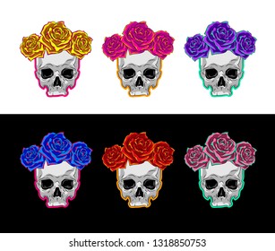 Vector drawing illustration of human skull with wreath of roses on head, sticker pack with stroke isolated on white and black background