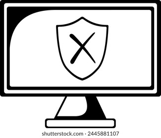 vector drawing illustration icon protection shield deactivated against internet antivirus monitor computer device, drawn in black and white color