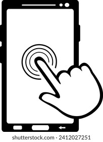 vector drawing illustration icon touch screen of finger hand and a mobile phone or smartphone device, drawn in black and white color