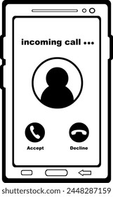 vector drawing illustration incoming call from smartphone or mobile phone, drawn in black and white color