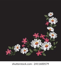 vector drawing illustration leaves branches daisies and wildflowers embroidered with black background