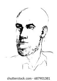 Vector Drawing illustration of man face. The head of an adult man with a beard painted with a pencil. Punk rocker bearded