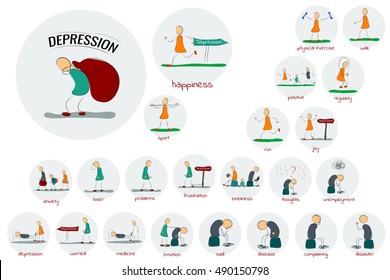 Vector Drawing Illustration Of Round Depression Icons Set. Man, Woman And Family Cope With Stress