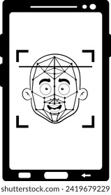 vector drawing illustration smartphone device scanning bald man head, facial recognition concept, drawn in black and white