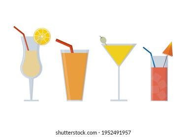 Vector drawing illustration. Various isolated cocktail glasses with drinks. Popular cocktails for design menus.