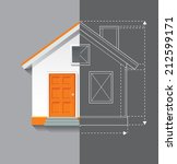 Vector drawing illustration of white orange house on grey background. Half blueprint plan line.