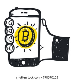 Vector drawing illustrations. Doodle sketch bitcoin and crypto currency concept  hand holding mobile phone and mining digital money app on the screen payment transaction donation