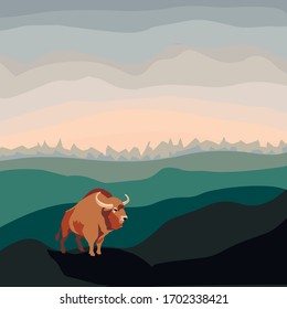 
Vector drawing with the image of a bison for the background, print